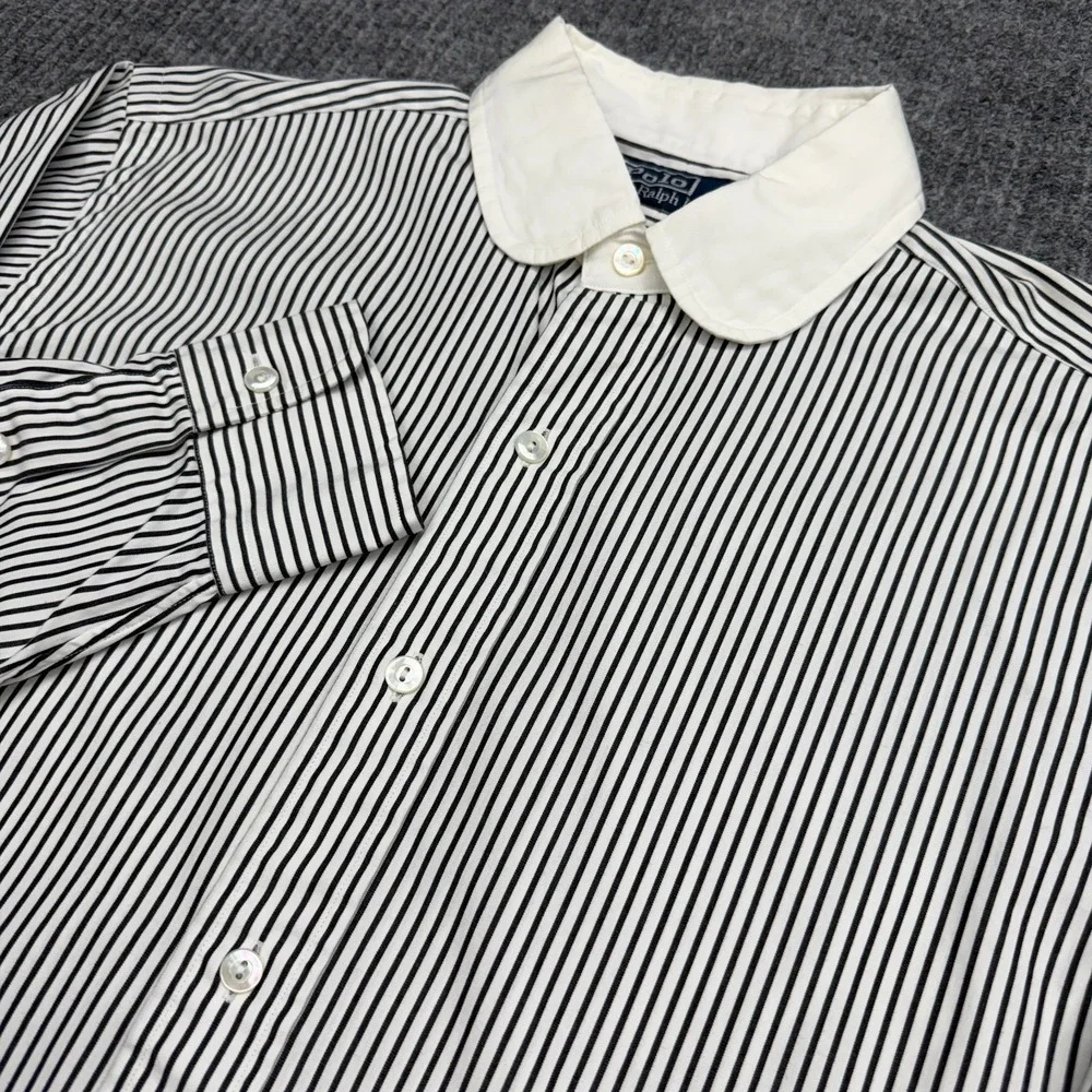 VTG Polo Ralph Lauren Shirt Mens Small Black White Pin Striped Peter Pan Collar